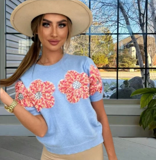 Damen Modischer Strickpullover mit floralen Applikationen EB
