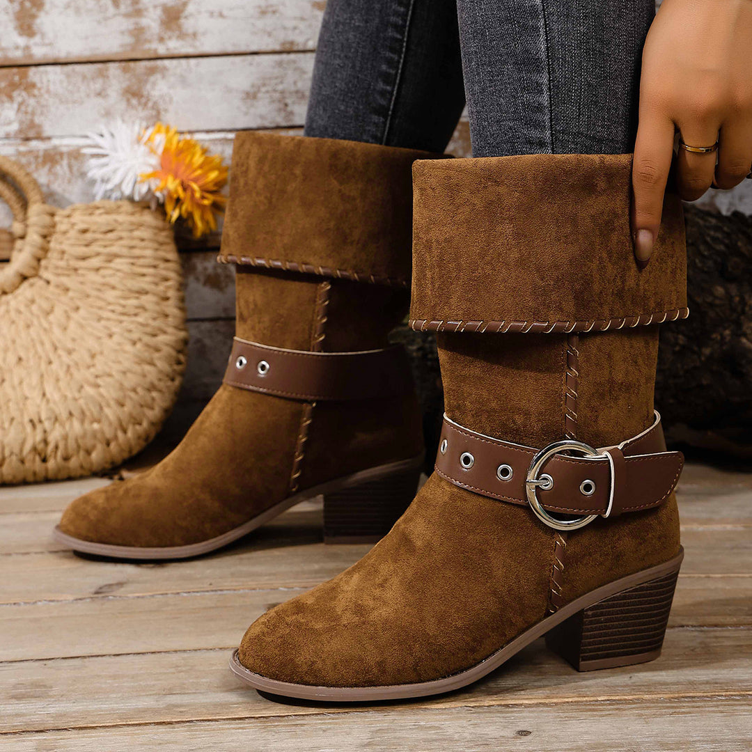 Damen modische Ankle-Boots mit breitem Umschlag und dekorativem Riemchen EB