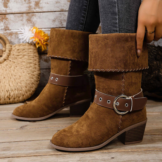 Damen modische Ankle-Boots mit breitem Umschlag und dekorativem Riemchen EB