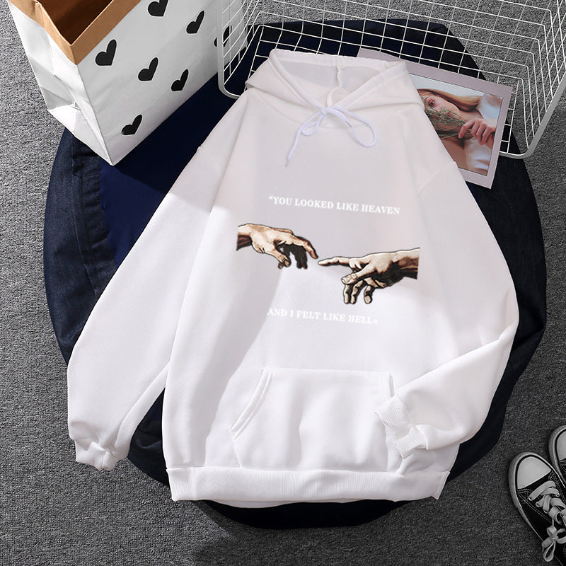 Damen nan Oversize Kapuzenpullover mit Kängurutasche und Renaissance‑Handmotiv, weiches Fleece Innenfutter EB