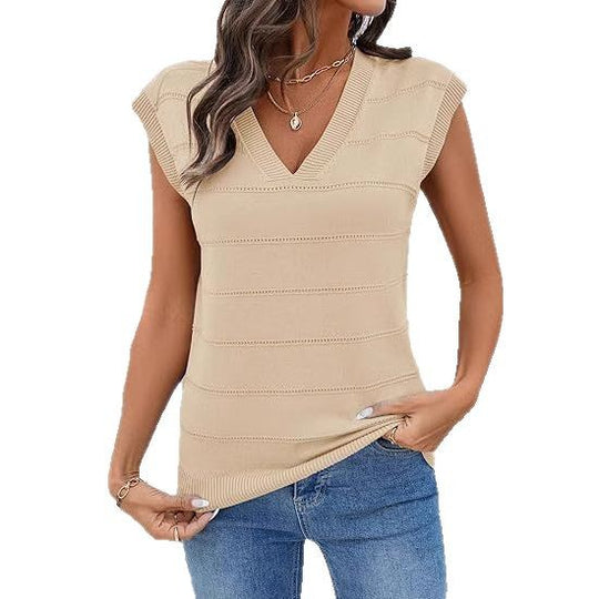 Damen ärmelloses Stricktop mit V-Ausschnitt und strukturiertem Design EB