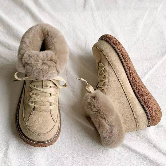 Damen  gefütterte Schnür-Boots mit Kunstfellkragen und rutschfester Plateau-Sohle EB