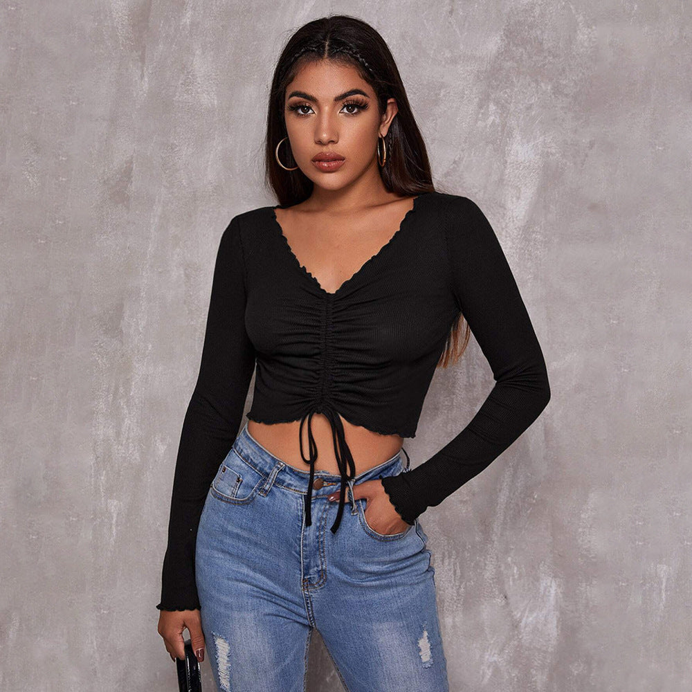 Damen geripptes Cropped-Longsleeve mit Tunnelzugvorderseite, Bindekordeln und gewelltem Saum Eichborn Berlin