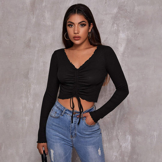 Damen geripptes Cropped-Longsleeve mit Tunnelzugvorderseite, Bindekordeln und gewelltem Saum Eichborn Berlin