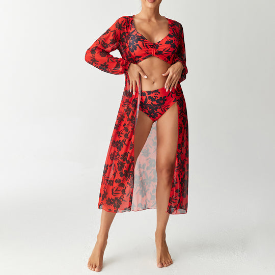Damen Bikini-Set mit floralem Design und transparentem Cover-Up EB