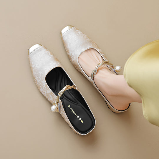 Damen Slingback-Mules mit schimmerndem Stoff und dekorativem Schnallenakzent EB