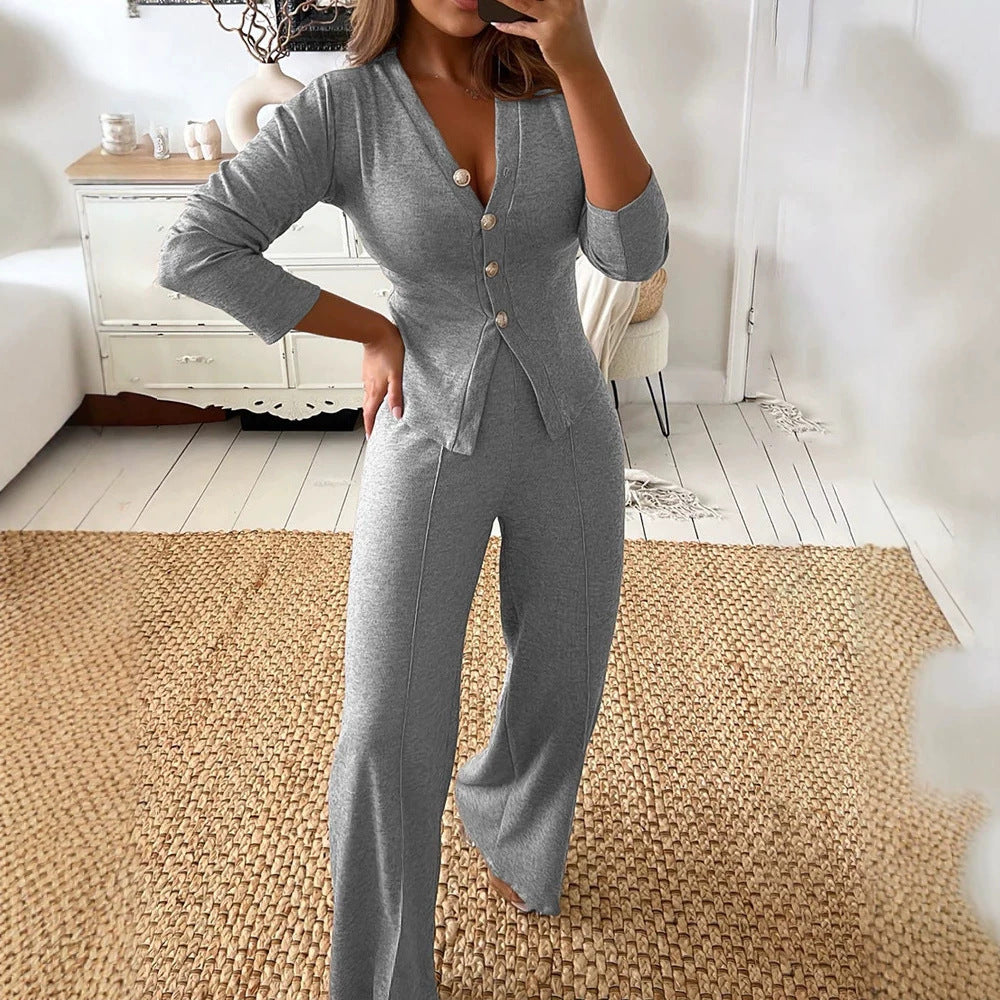 Damen Feines Strick-Set mit tailliertem Knopf-Cardigan und weitem Palazzo-Hose EB