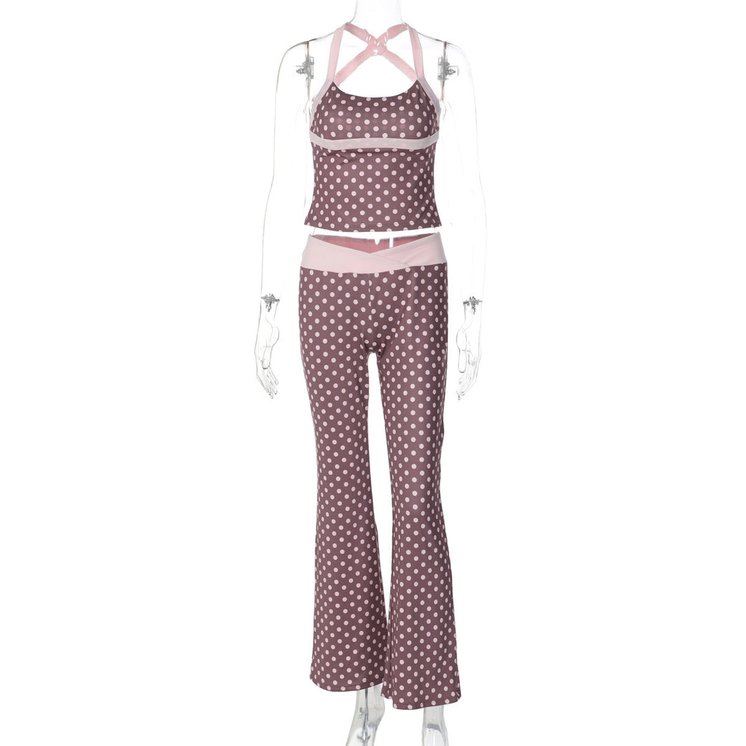 Damen Polka Dot Sportanzug mit cropped Oberteil und Flared Pants EB