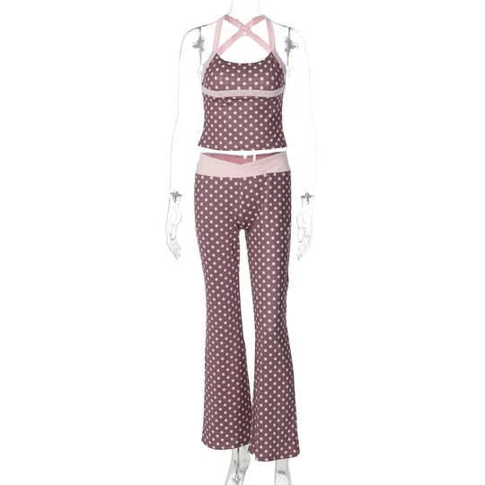 Damen Polka Dot Sportanzug mit cropped Oberteil und Flared Pants EB