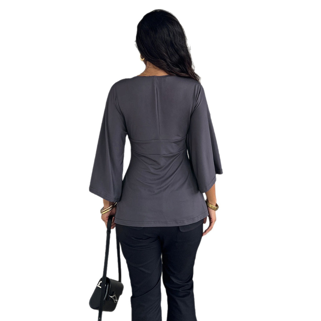Damen Elegantes Wickeloberteil mit weitem Ärmel und V-Ausschnitt EB