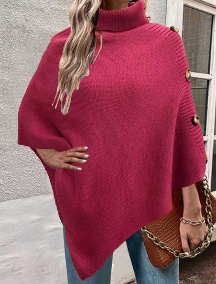 Damen Strick-Poncho mit hohem Kragen und Knopfdetails EB