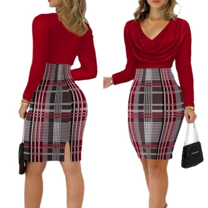 Damen Elegantes Wickelkleid mit Karomuster und tiefem V-Ausschnitt EB