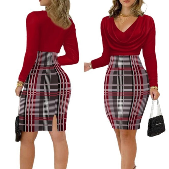 Damen Elegantes Wickelkleid mit Karomuster und tiefem V-Ausschnitt EB