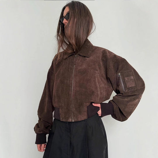 Damen Oversized Wildlederjacke mit gepolsterten Ärmeln EB