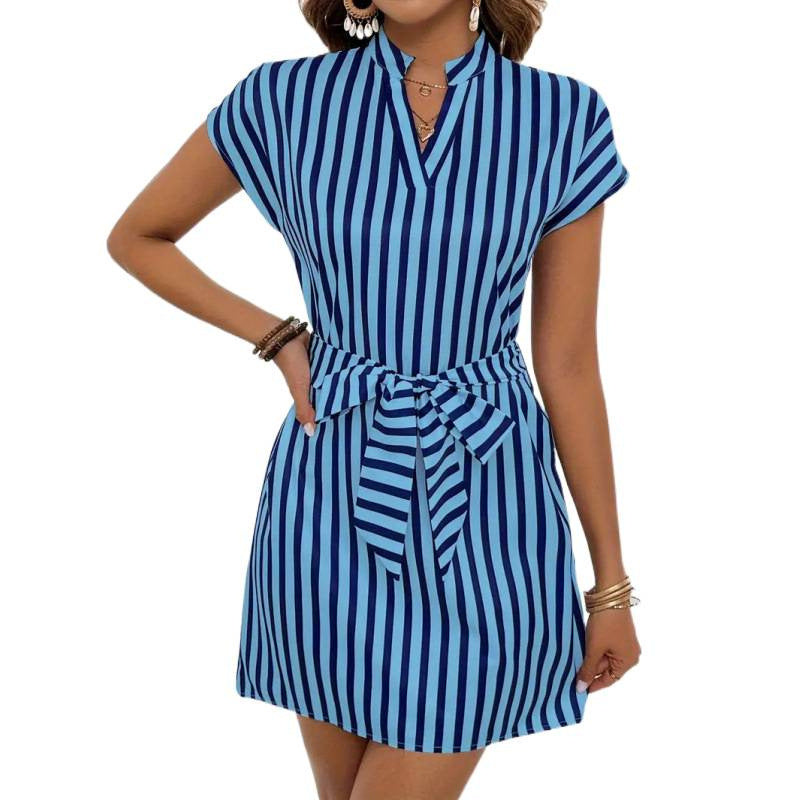 Damen Kurzarmkleid mit Gürtel und Streifenmuster EB