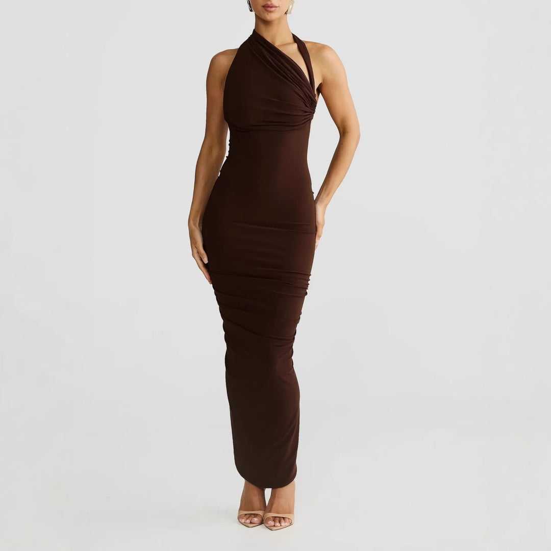 Damen Elegantes langes Wickelkleid mit schulterfreiem Design und gerafftem Oberteil EB