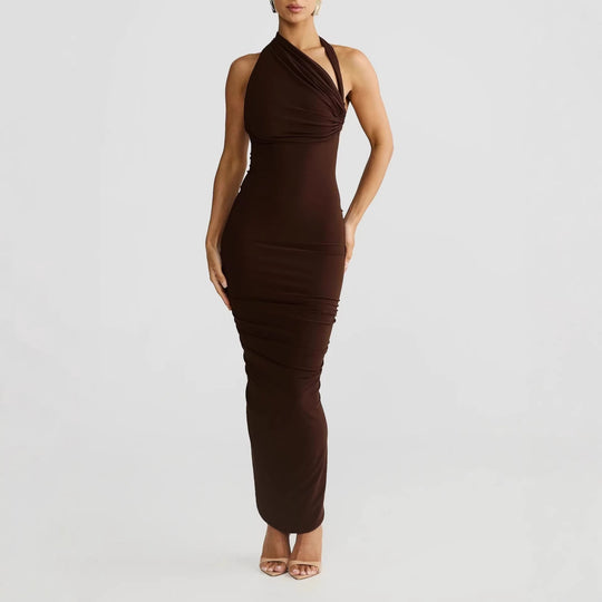 Damen Elegantes langes Wickelkleid mit schulterfreiem Design und gerafftem Oberteil EB