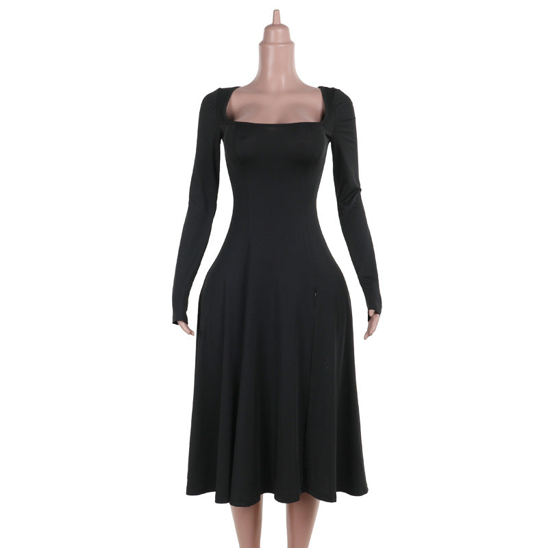 Damen Elegantes Langarmkleid mit quadratischem Ausschnitt und schwingendem Rock EB