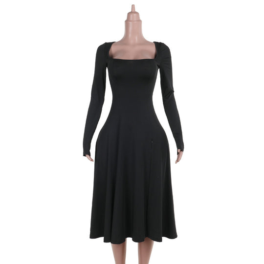 Damen Elegantes Langarmkleid mit quadratischem Ausschnitt und schwingendem Rock EB