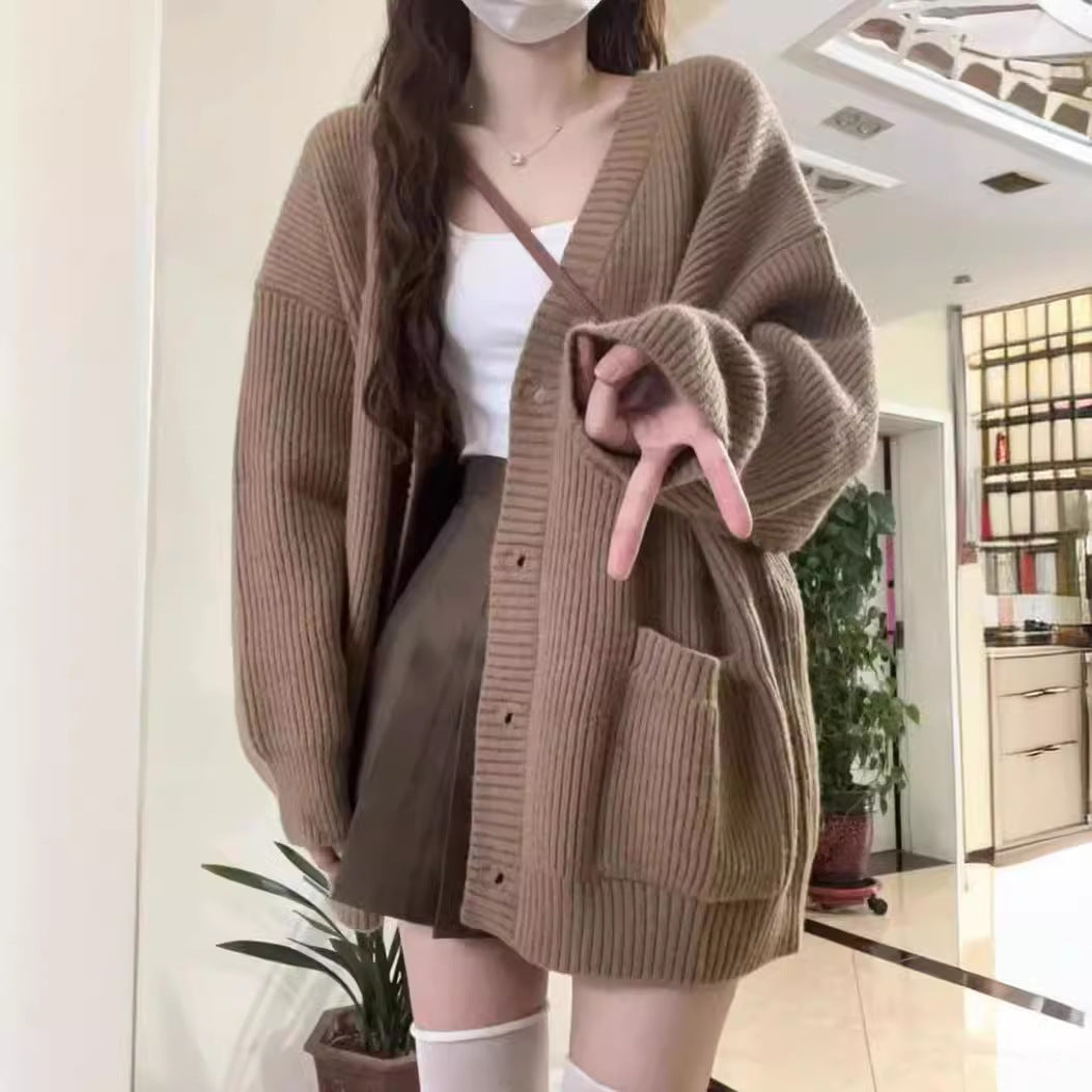Damen Großer Strickcardigan mit praktischen Taschen und tiefem V-Ausschnitt EB