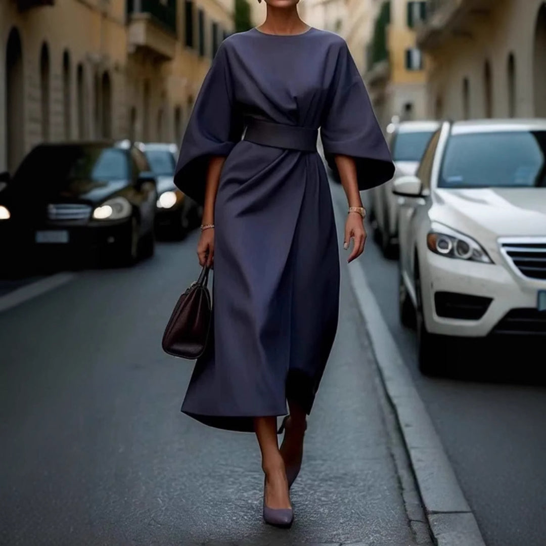 Damen Maxikleid mit eleganten Puffärmeln und Taillengürtel EB
