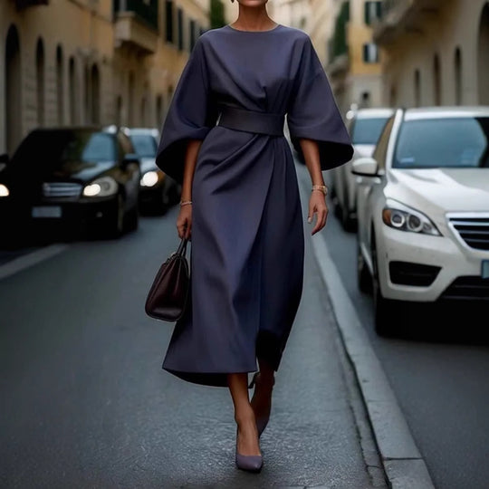 Damen Maxikleid mit eleganten Puffärmeln und Taillengürtel EB