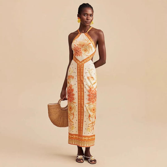 Damen Maxikleid mit exklusivem Halterdesign und floralem Druck EB