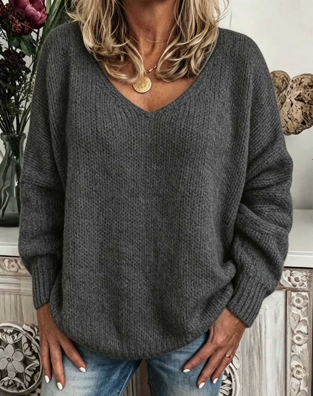 Damen Legerer V-Ausschnitt Pullover aus feiner Waffelstrickstruktur mit überschnittener Schulter EB