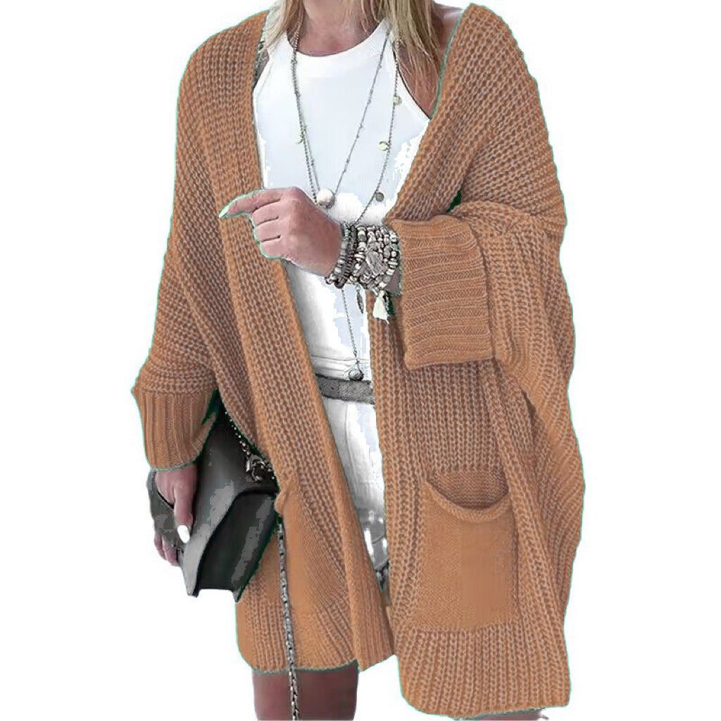Damen Oversize Grobstrick-Cardigan mit weitem Schalkragen und aufgesetzten Taschen EB