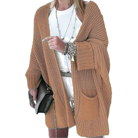 Damen Oversize Grobstrick-Cardigan mit weitem Schalkragen und aufgesetzten Taschen EB