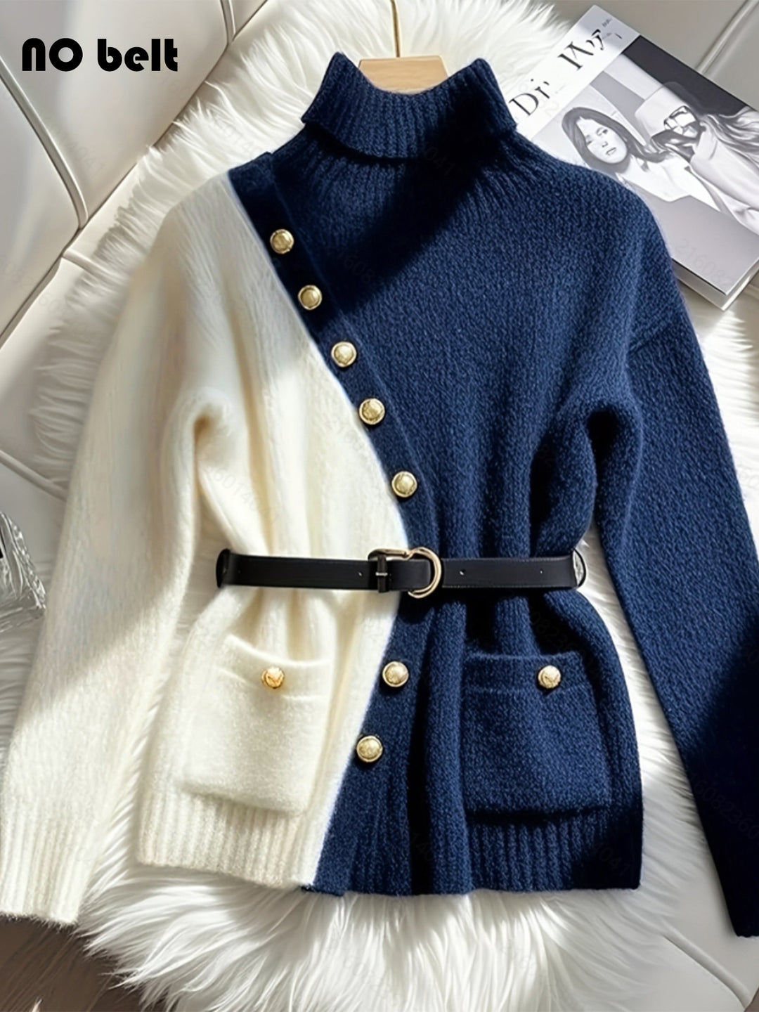 Damen Schicker Pullover mit hohem Kragen und eleganten Knöpfen EB