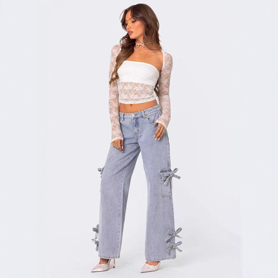 Damen lässige Cargo-Jeans mit stylischem Schleifen-Detail EB