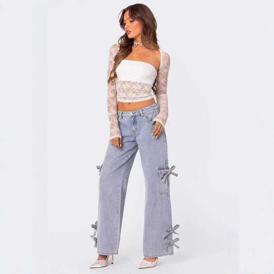 Damen lässige Cargo-Jeans mit stylischem Schleifen-Detail EB