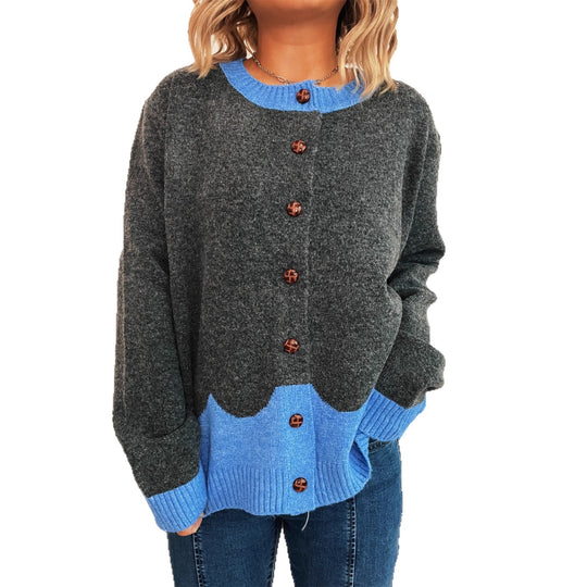 Damen lässige Strickjacke mit buntem Kontrast und eleganten Knopfdetails EB
