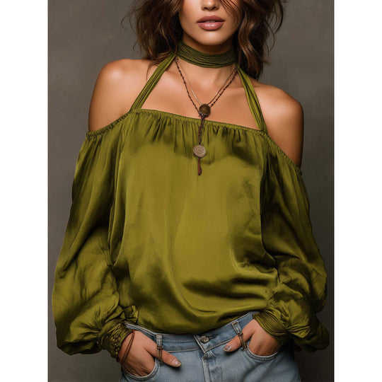 Damen Off-Shoulder Bluse mit voluminösen Ärmeln und Choker EB