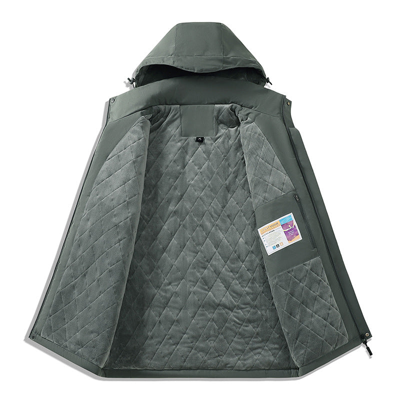 Herren zweifarbige Softshell-Outdoorjacke mit winddichter Membran, verstellbarer Kapuze und verdeckter Brusttasche EB