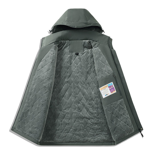 Herren zweifarbige Softshell-Outdoorjacke mit winddichter Membran, verstellbarer Kapuze und verdeckter Brusttasche EB