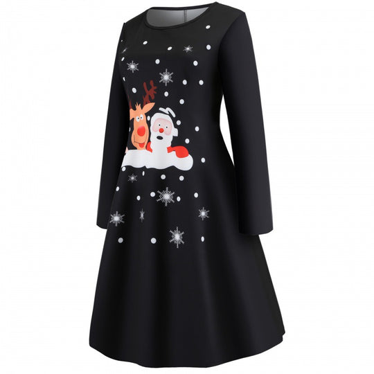 Damen Festliches A-Linien-Kleid mit Weihnachtsprint, Langarm und ausgestelltem Rock EB