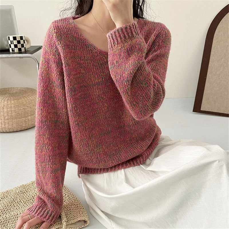 Damen leichter Strickpullover mit V-Ausschnitt und voluminösen Ärmeln EB
