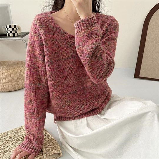 Damen leichter Strickpullover mit V-Ausschnitt und voluminösen Ärmeln EB