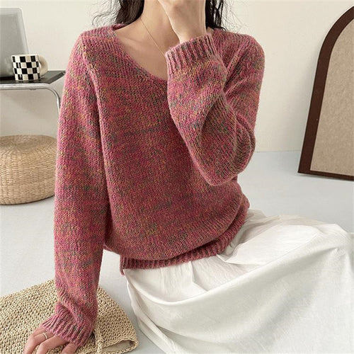 Damen leichter Strickpullover mit V-Ausschnitt und voluminösen Ärmeln EB