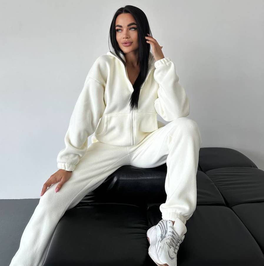 Damen sportliches Fleece-Set mit hohem Kragen und seitlichen Taschen EB
