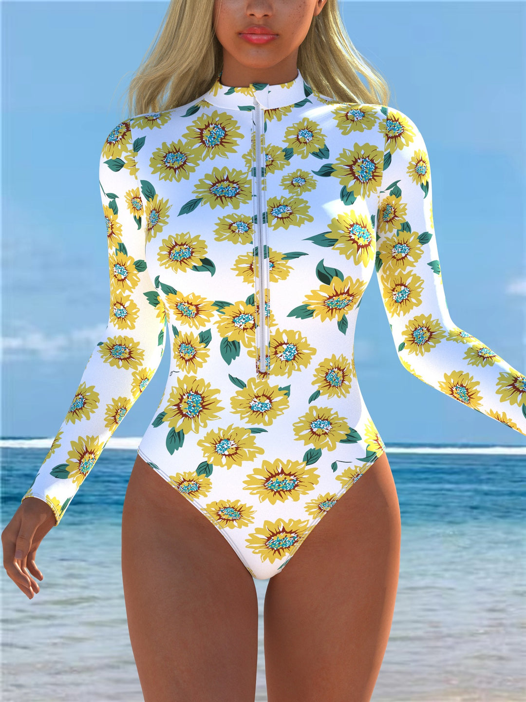 Damen Einteiler Badeanzug mit modischem Blumenmuster und hohem Kragen EB