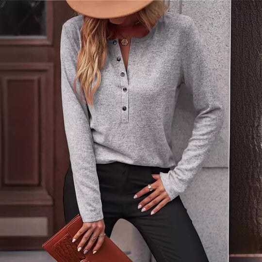 Damen Bequemes Langarmshirt mit Knopfdetail EB