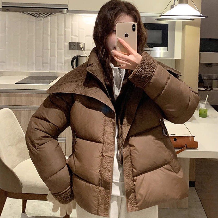 Damen Stylische und warme Pufferjacke mit hohem Kragen und praktischen Taschen EB