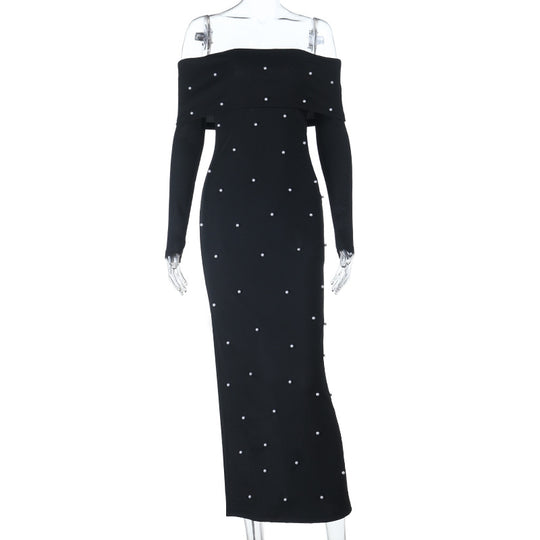 Damen schulterfreies Maxikleid mit eleganter Perlenverzierung und figurbetontem Schnitt EB