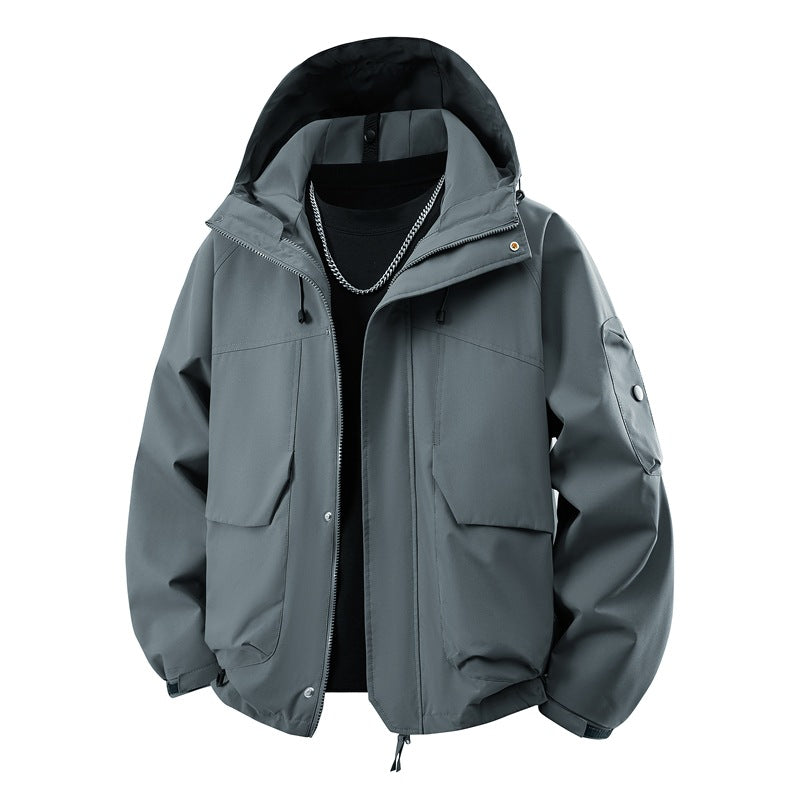 Herren wasserdichter Kapuzen-Outdoorblouson mit winddichter Membran, verstellbarem Saum und multifunktionalen Taschen EB