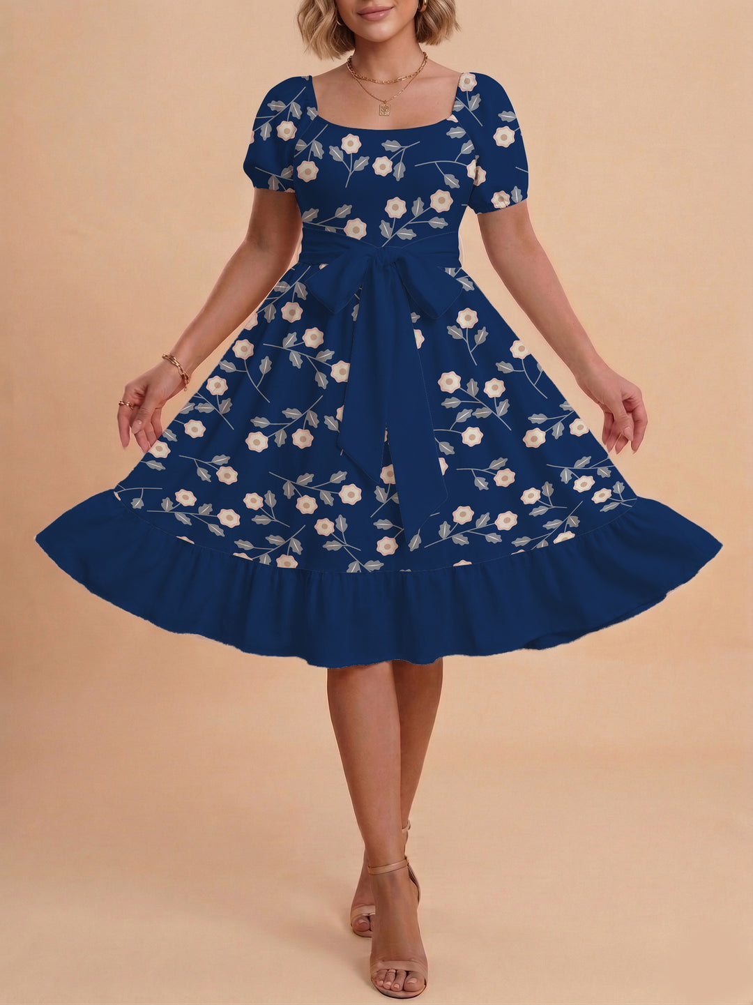 Damen Blumenkleid mit taillierbarem Gürtel und voluminösen Ärmeln EB
