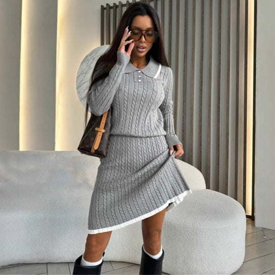 Damen Zweiteiliges Zopfstrick-Kleid mit Taillenbund und Polokragen EB