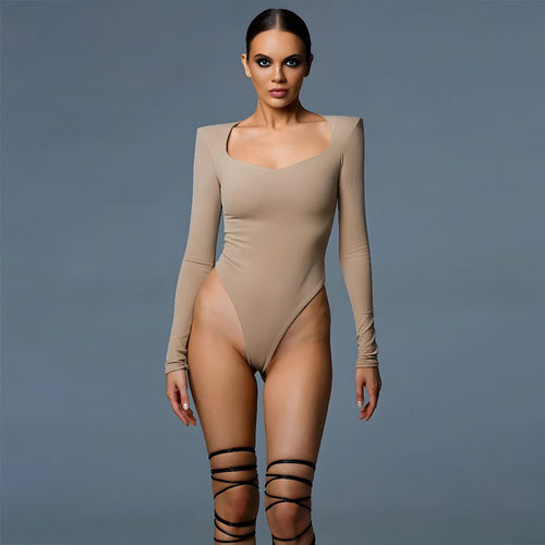 Damen figurbetonter Bodysuit mit langen Ärmeln und eckigem Ausschnitt EB